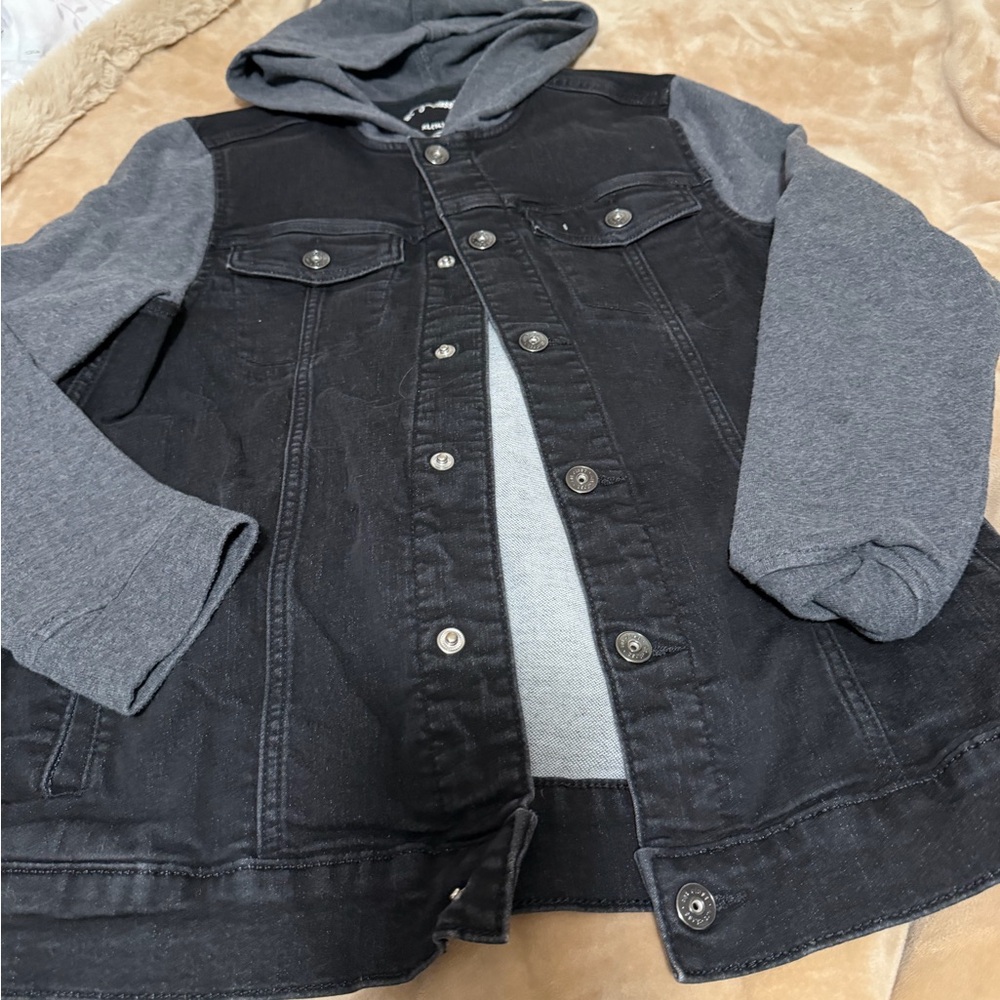 art class Black Denim Jacket with Gray Hoodie Sleeves